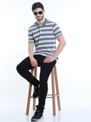 Men Polo Striped T shirt - Light Grey & White